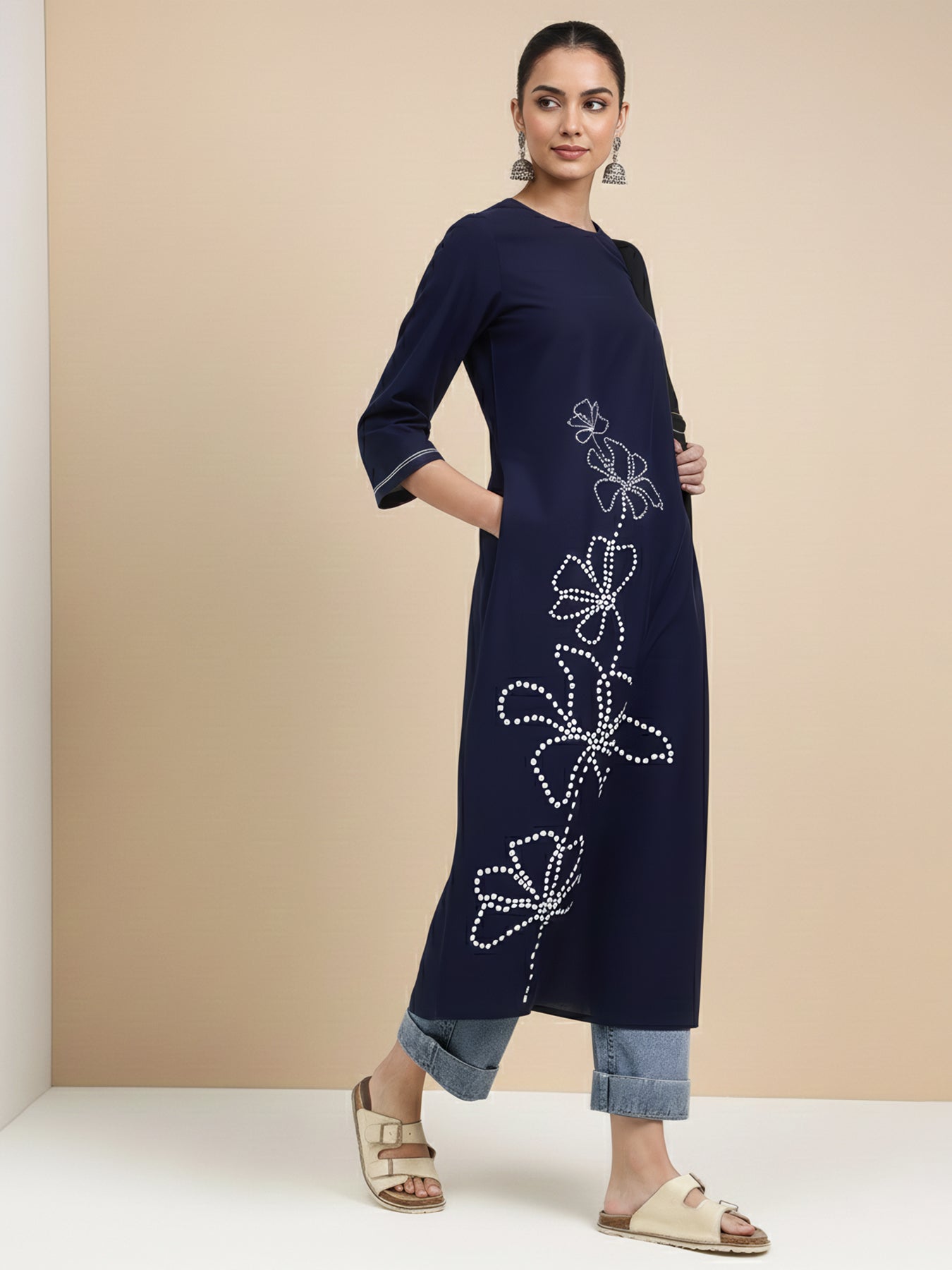 Cotton Floral Straight Kurta - Navy Blue
