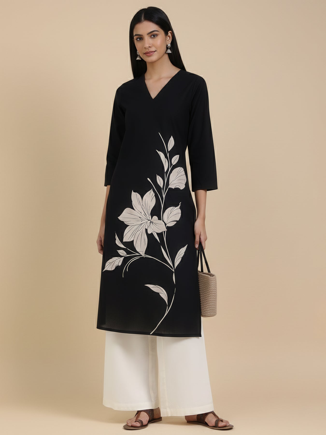 Cotton Floral Straight Kurta - Black