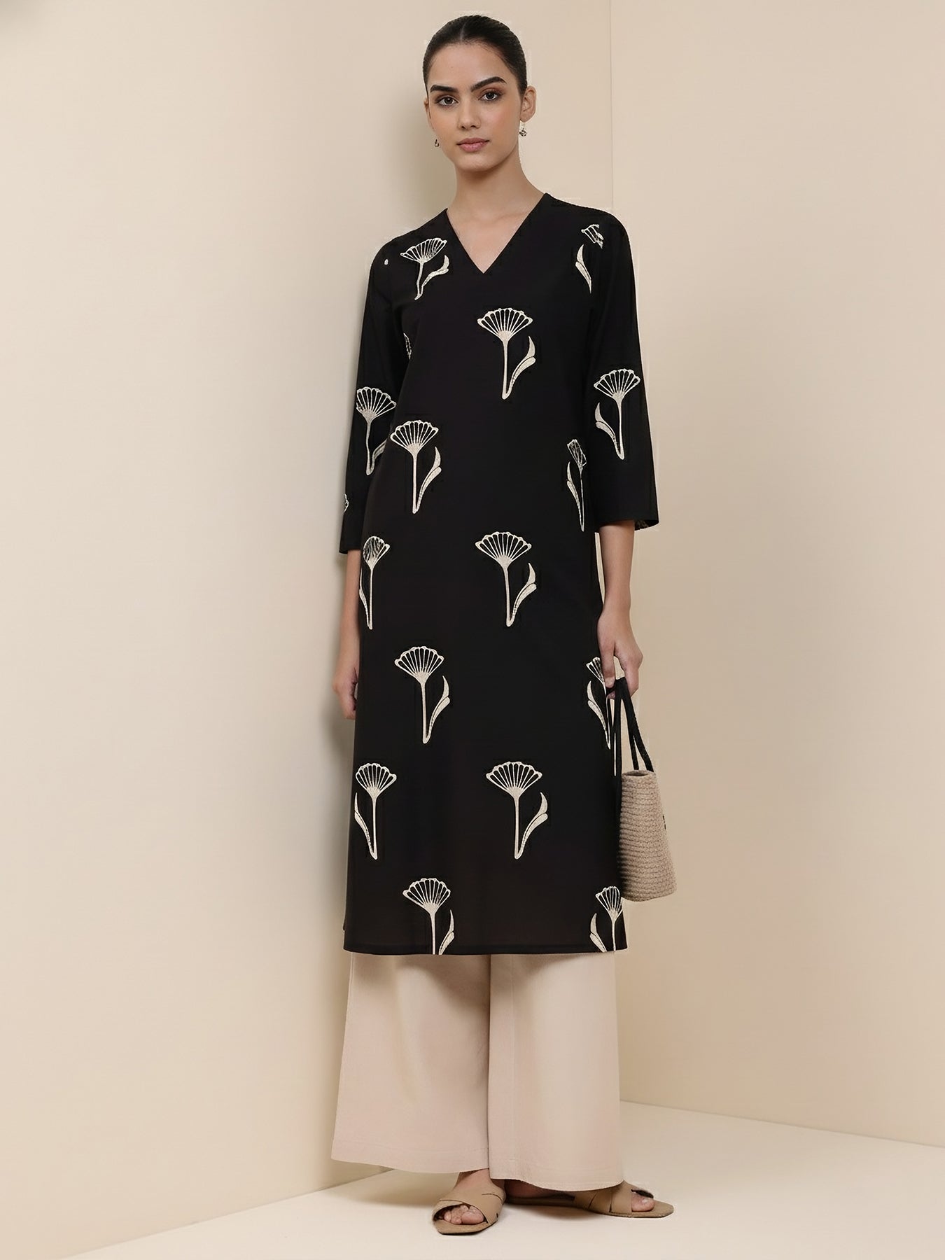Cotton Floral Straight Kurta - Black