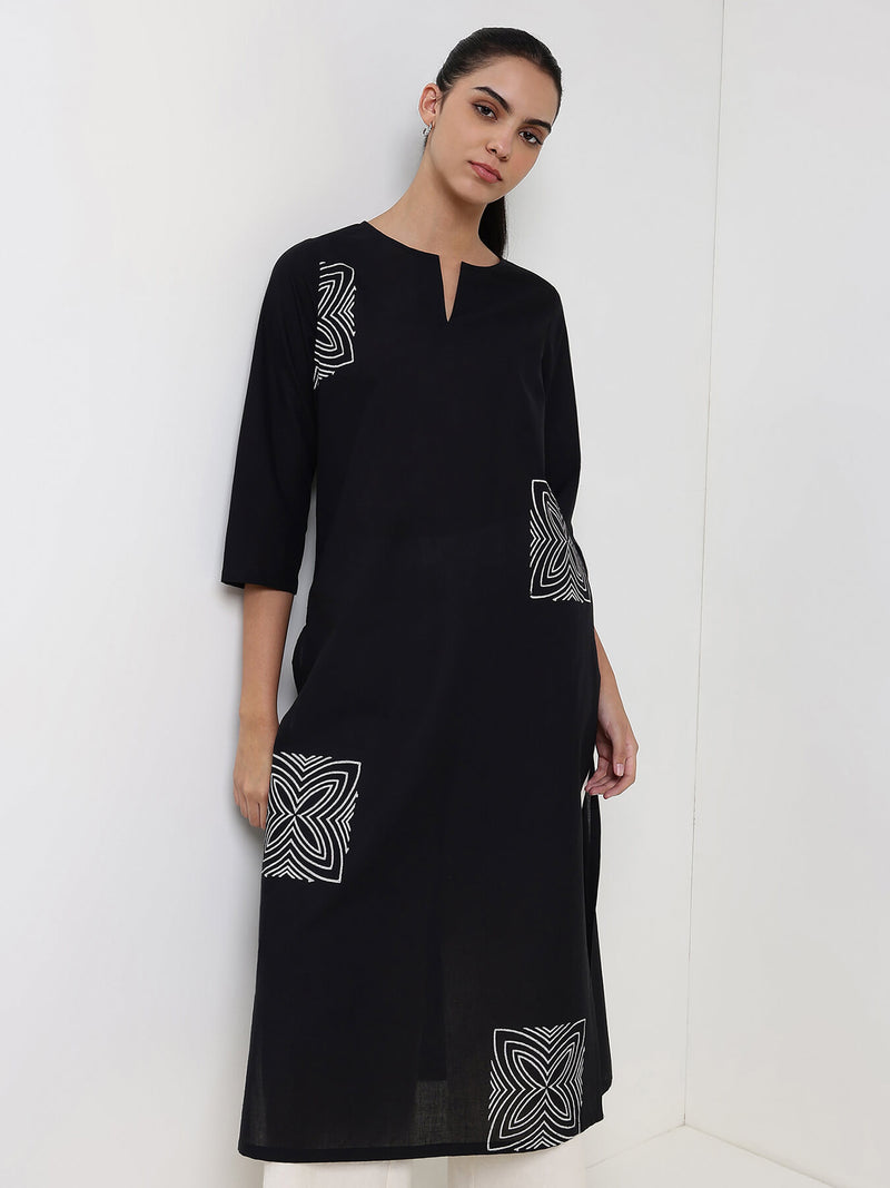 Cotton Geometric Straight Kurta - Black