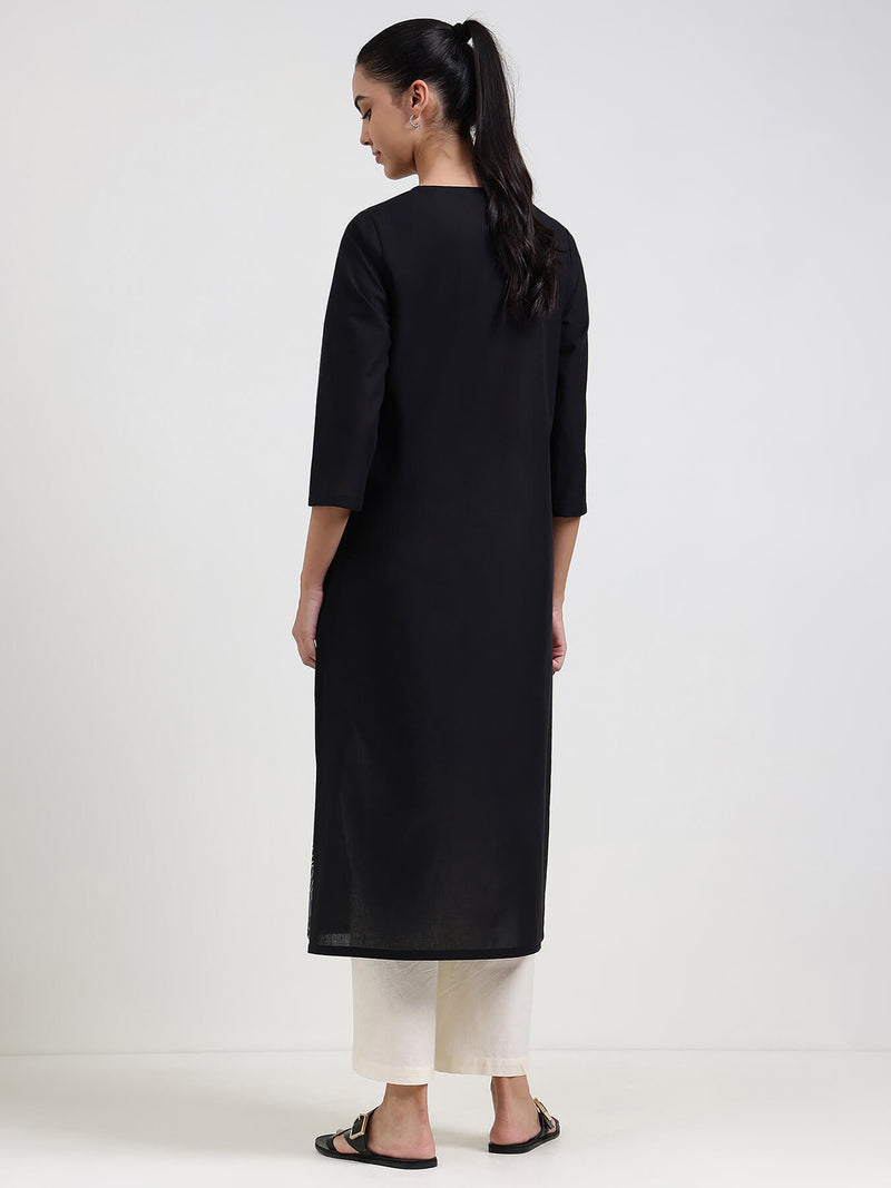 Cotton Geometric Straight Kurta - Black