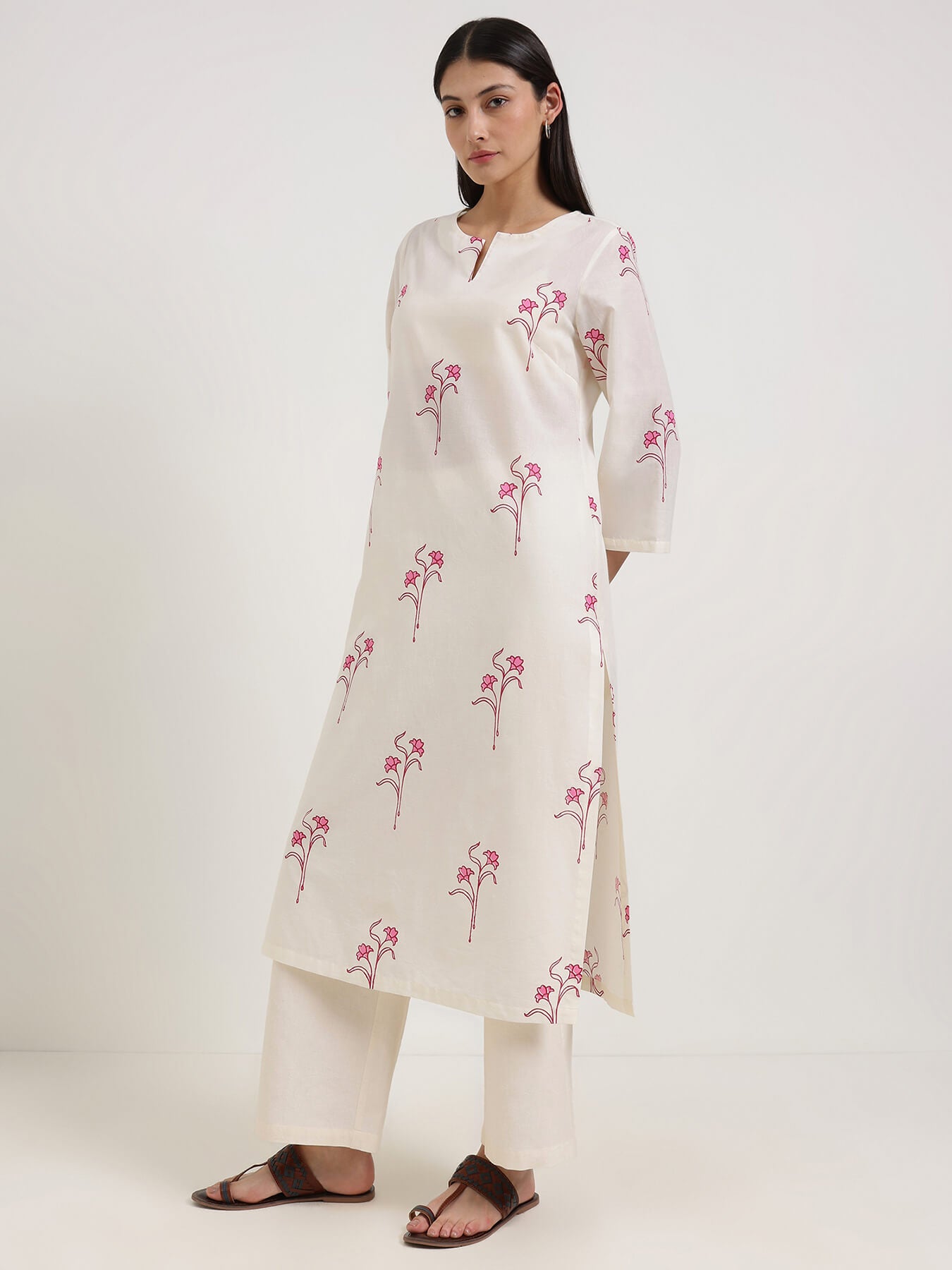 Cotton Floral Straight Kurta - Off White