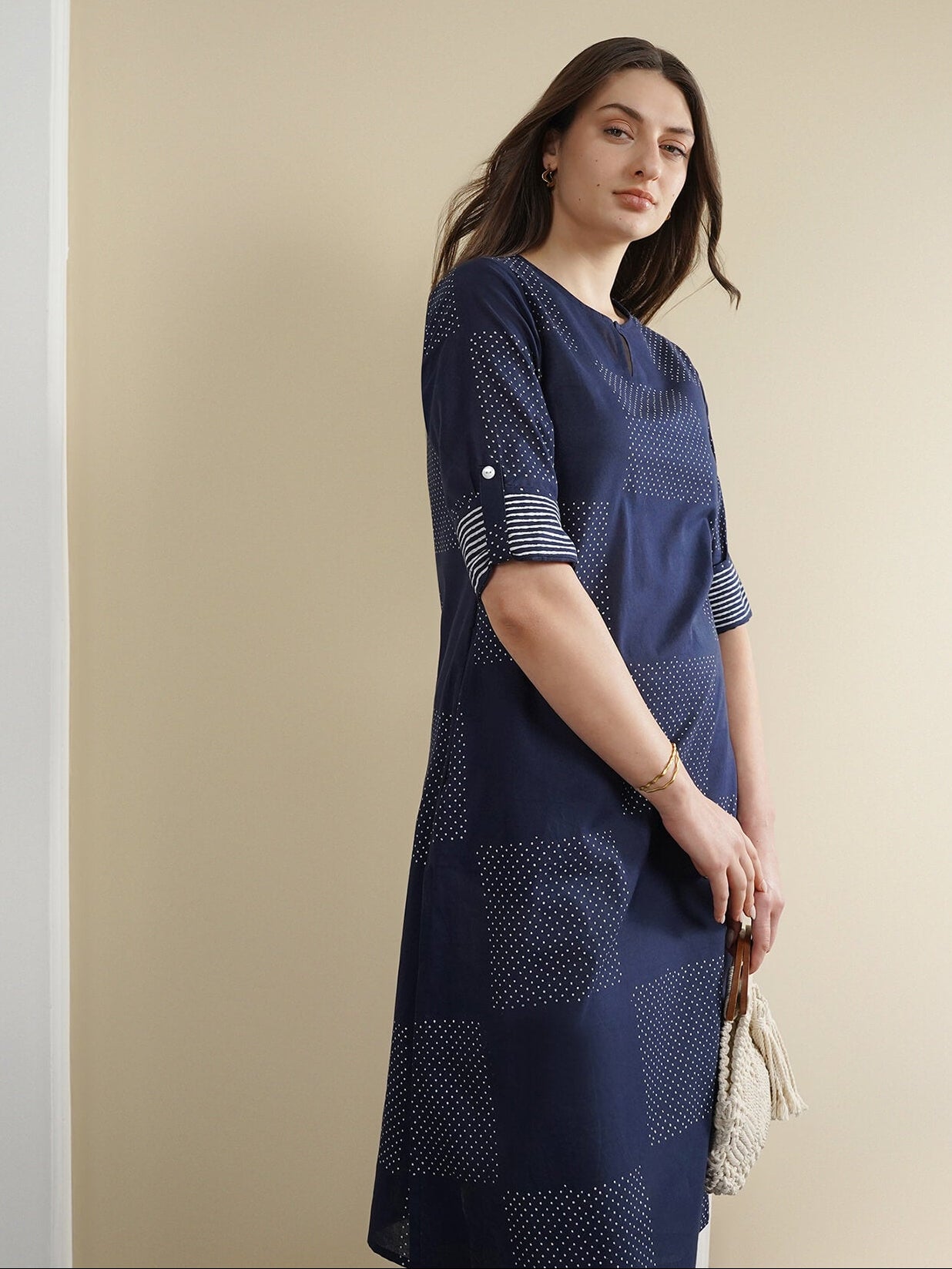 Cotton Geometric Flared Kurta Set - Navy Blue