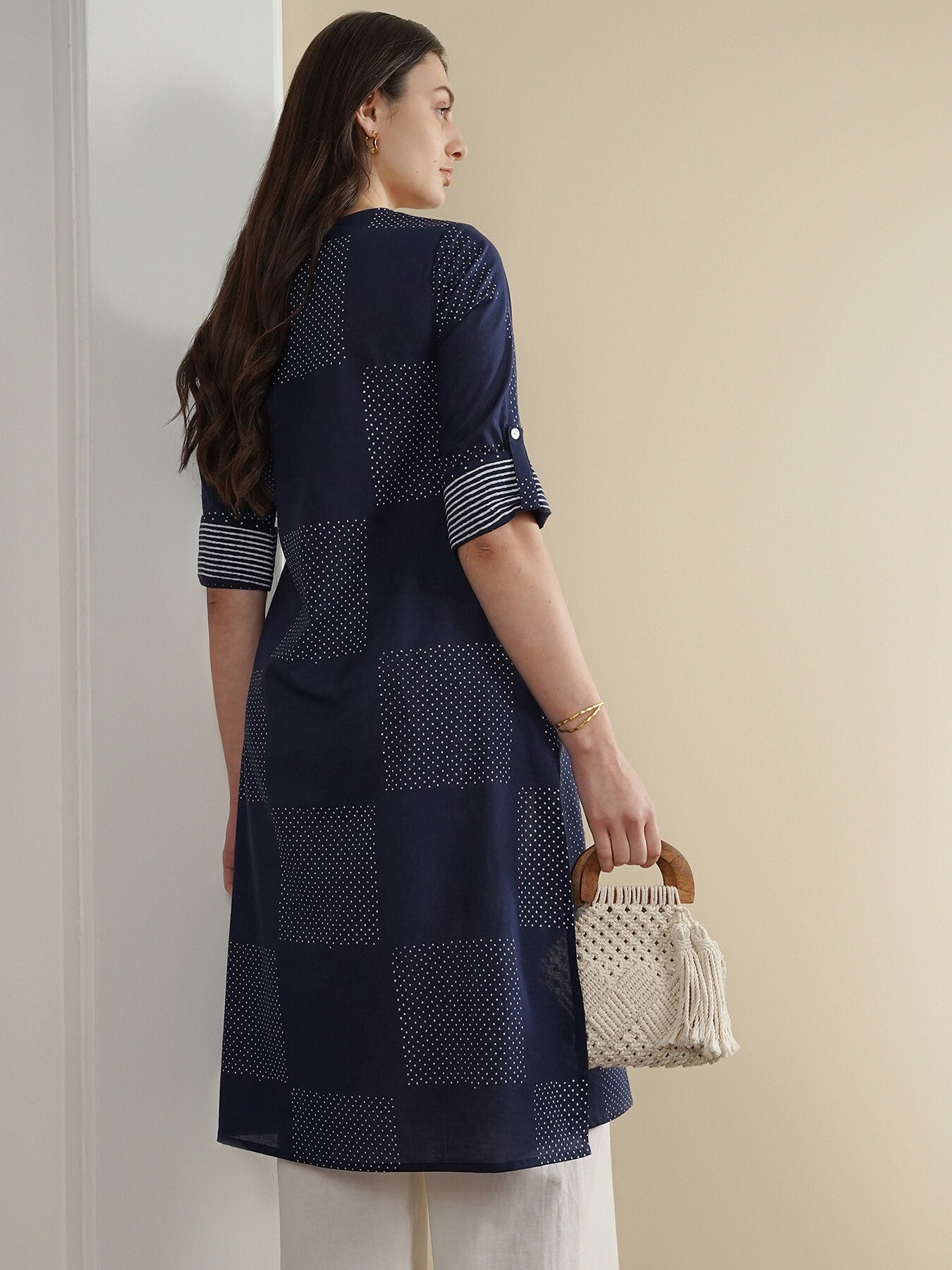 Cotton Geometric Flared Kurta Set - Navy Blue