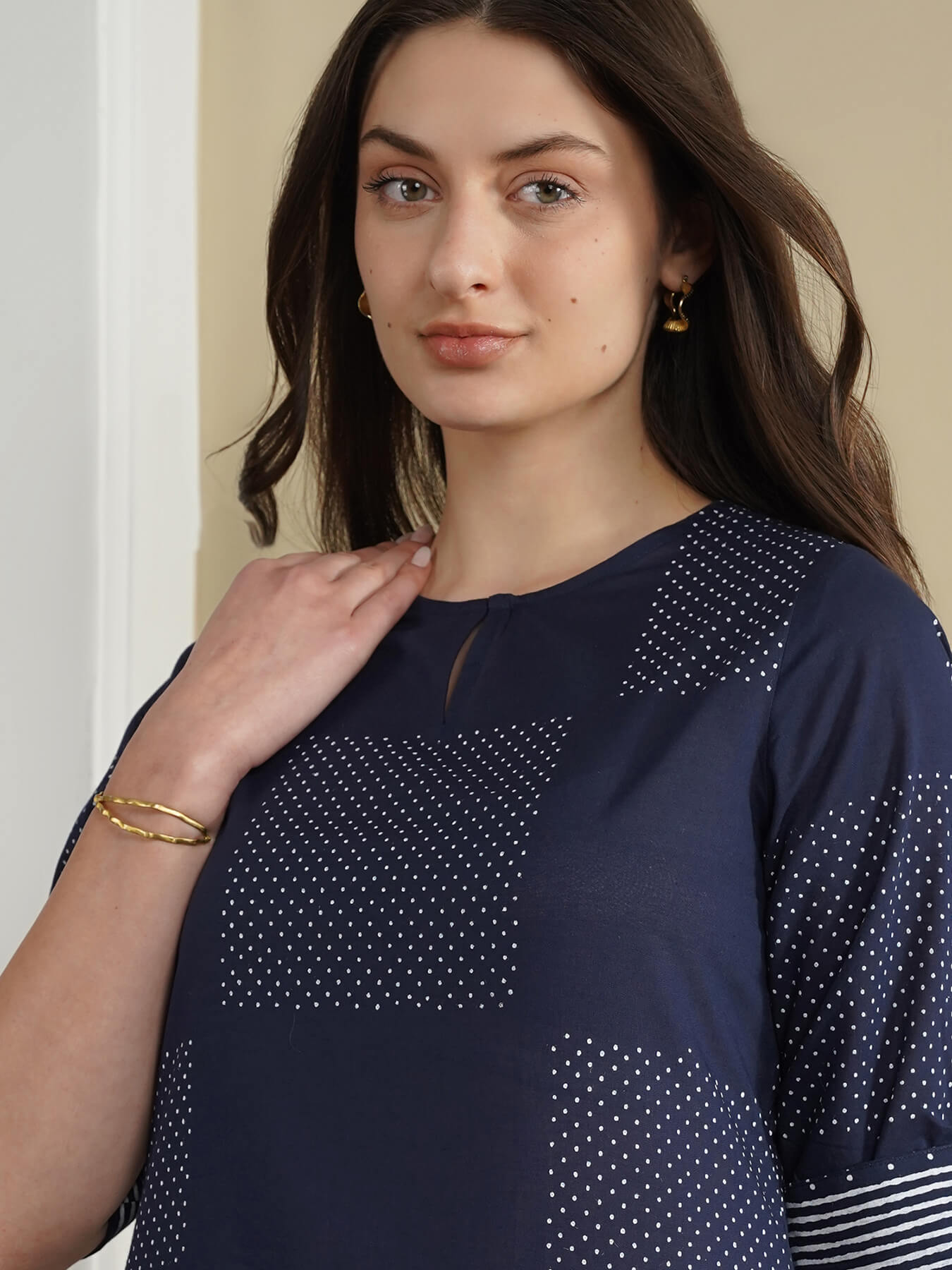 Cotton Geometric Flared Kurta - Navy Blue