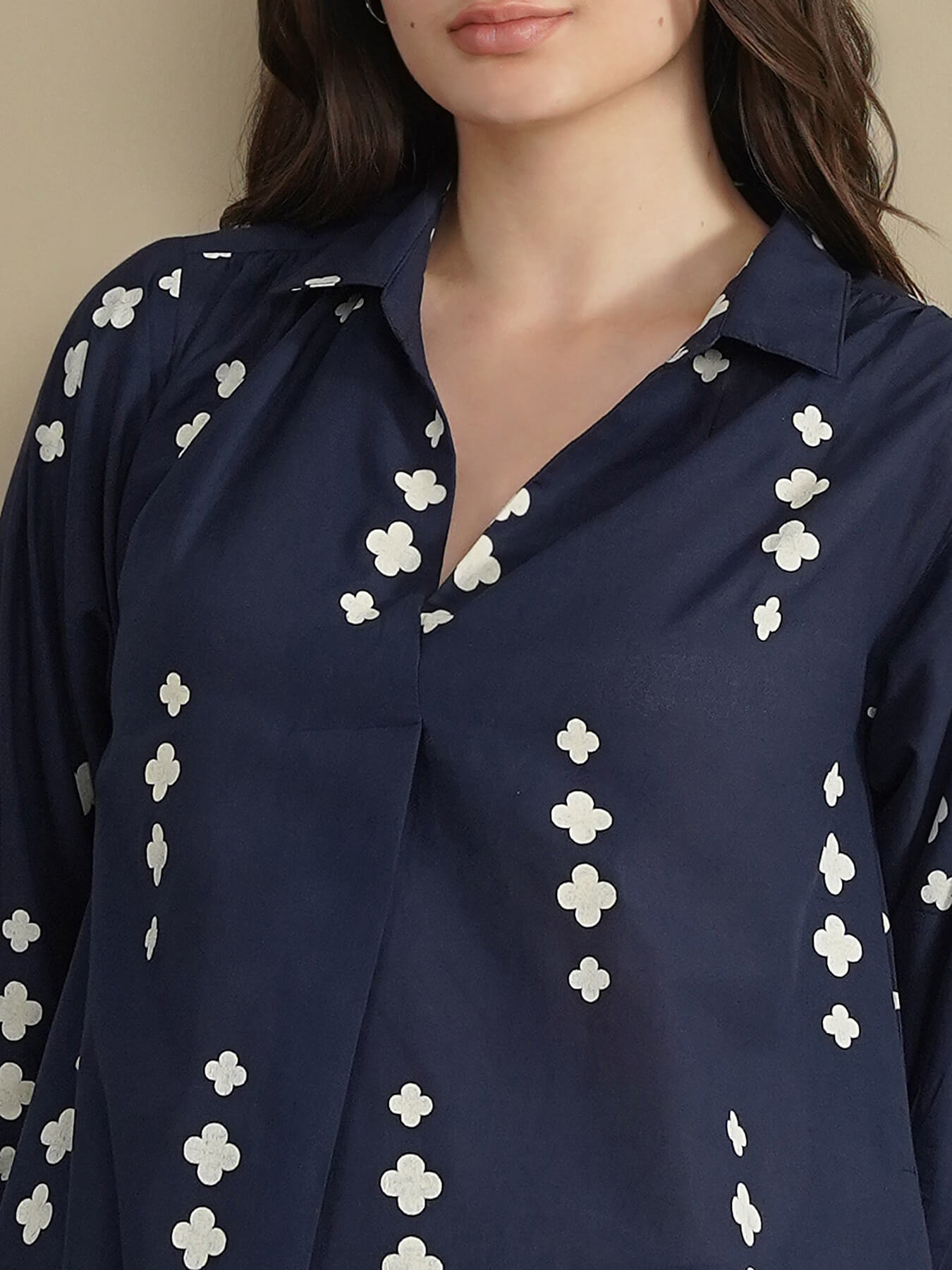 Cotton Geometric Straight Kurta - Navy Blue