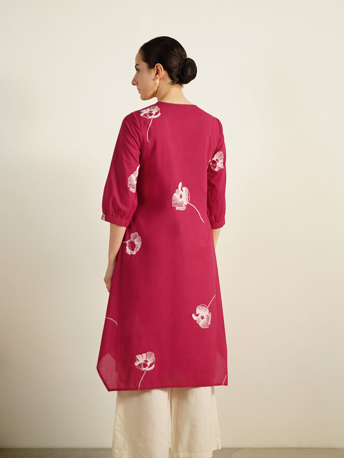 Cotton Floral Mandarin Collar Kurta - Red