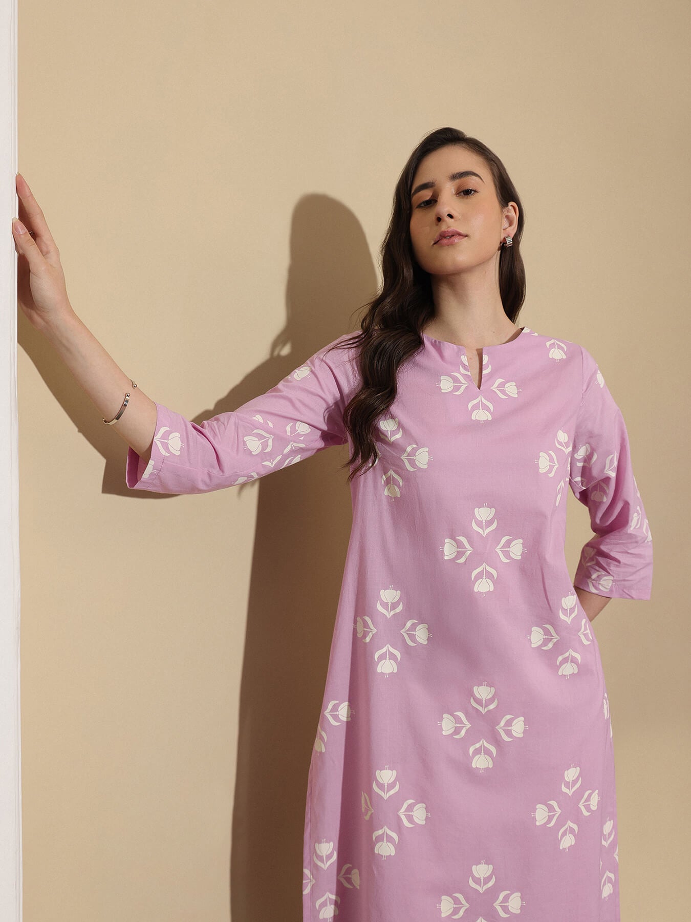 Cotton Floral Straight Kurta - White & Lavender
