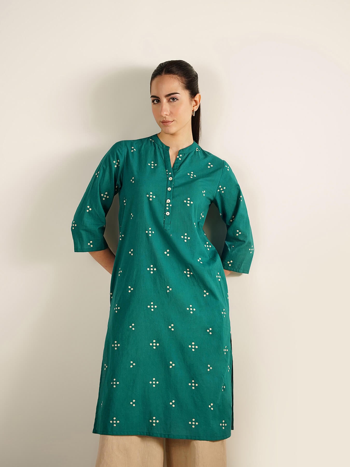 Cotton Tribal Print Band Collar Kurta - Teal