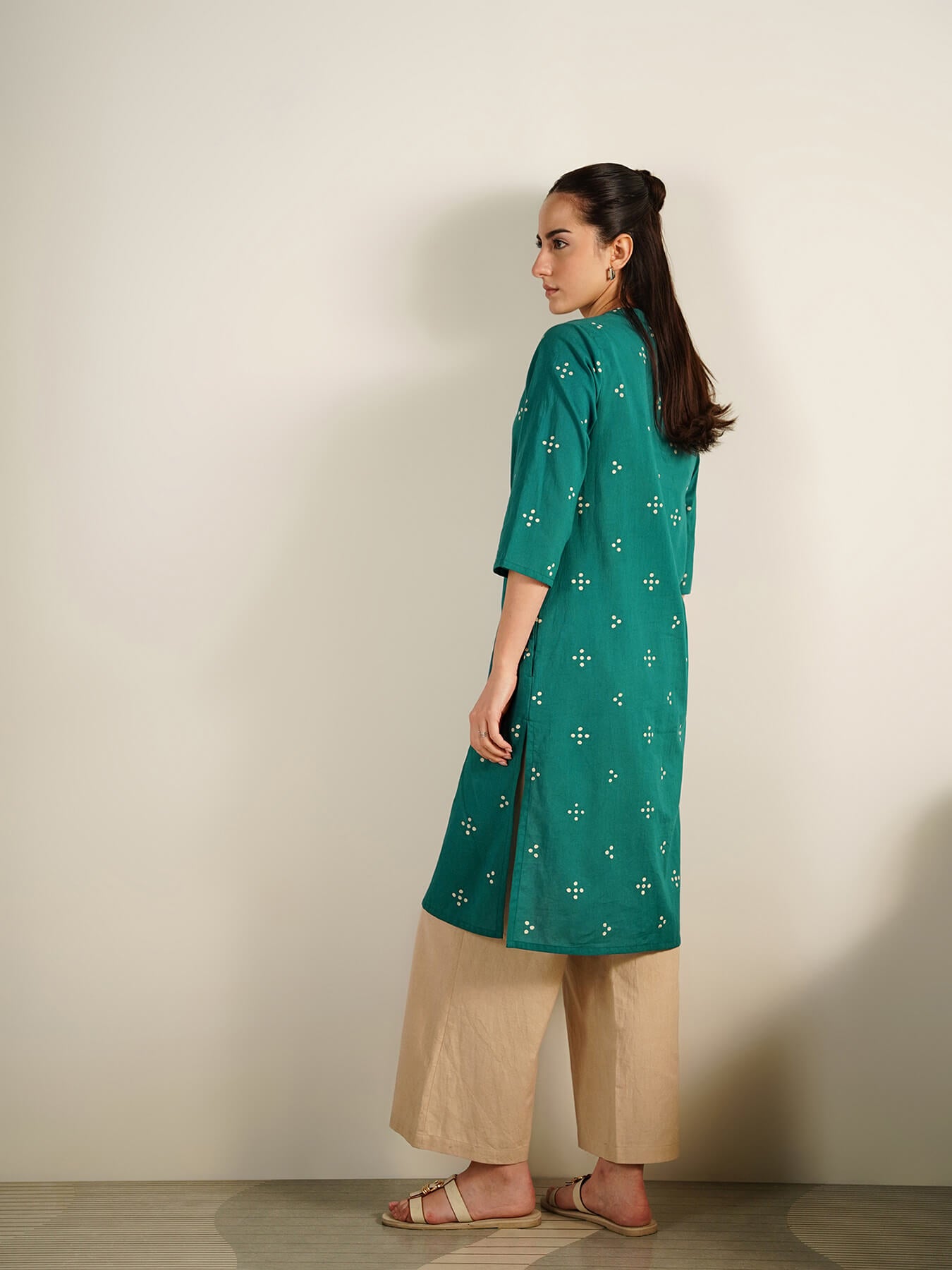 Cotton Tribal Print Band Collar Kurta - Teal