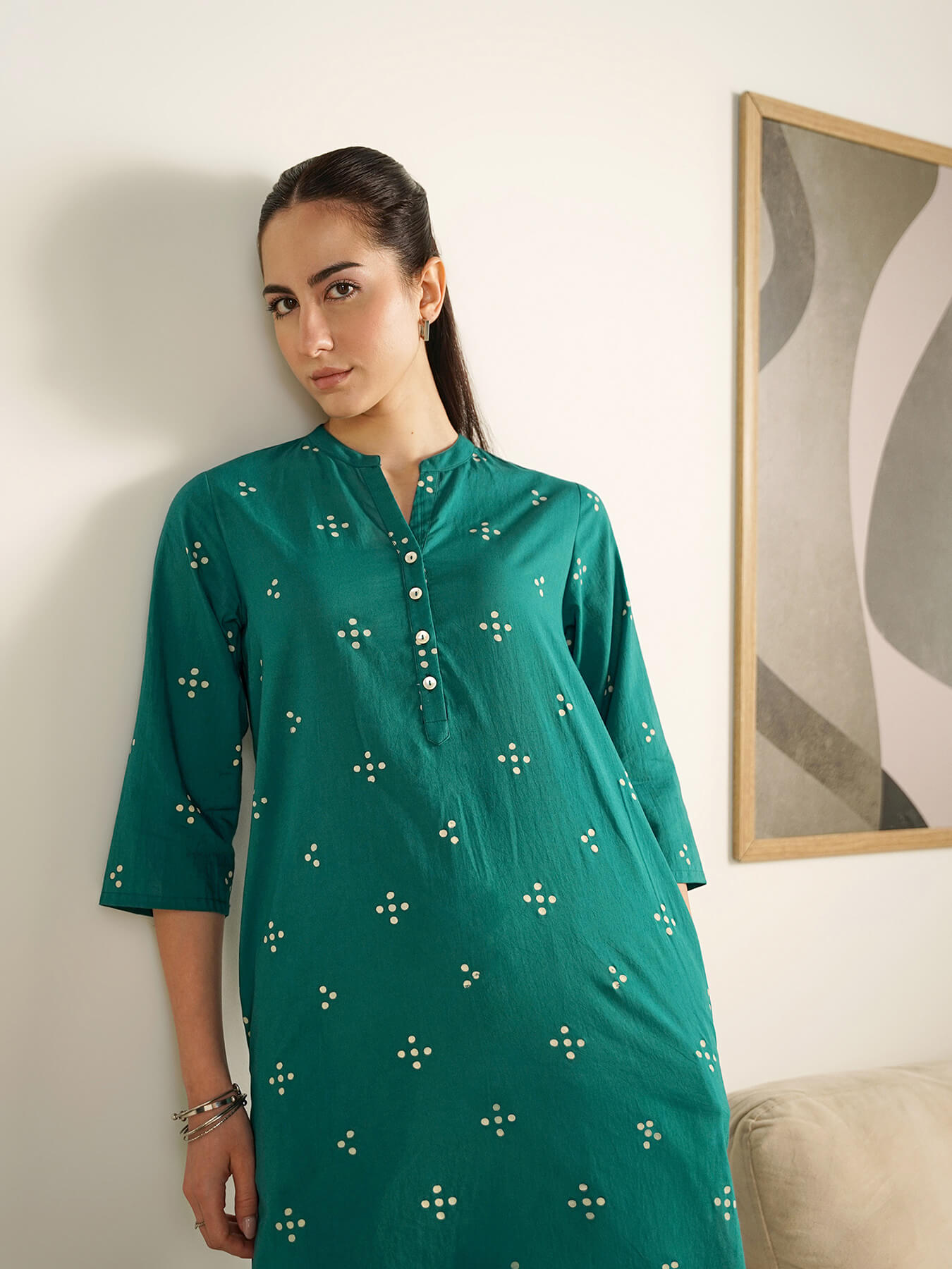 Cotton Tribal Print Band Collar Kurta - Teal