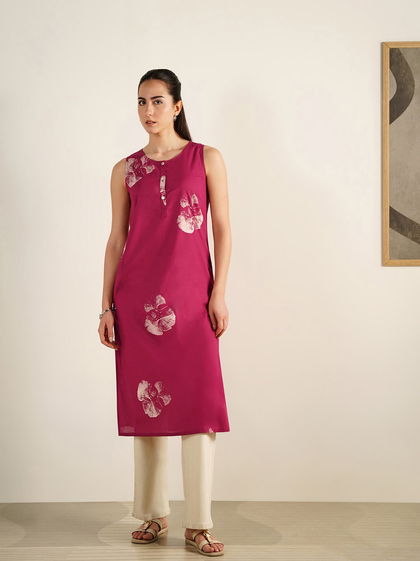Cotton Floral Straight Kurta - Pink
