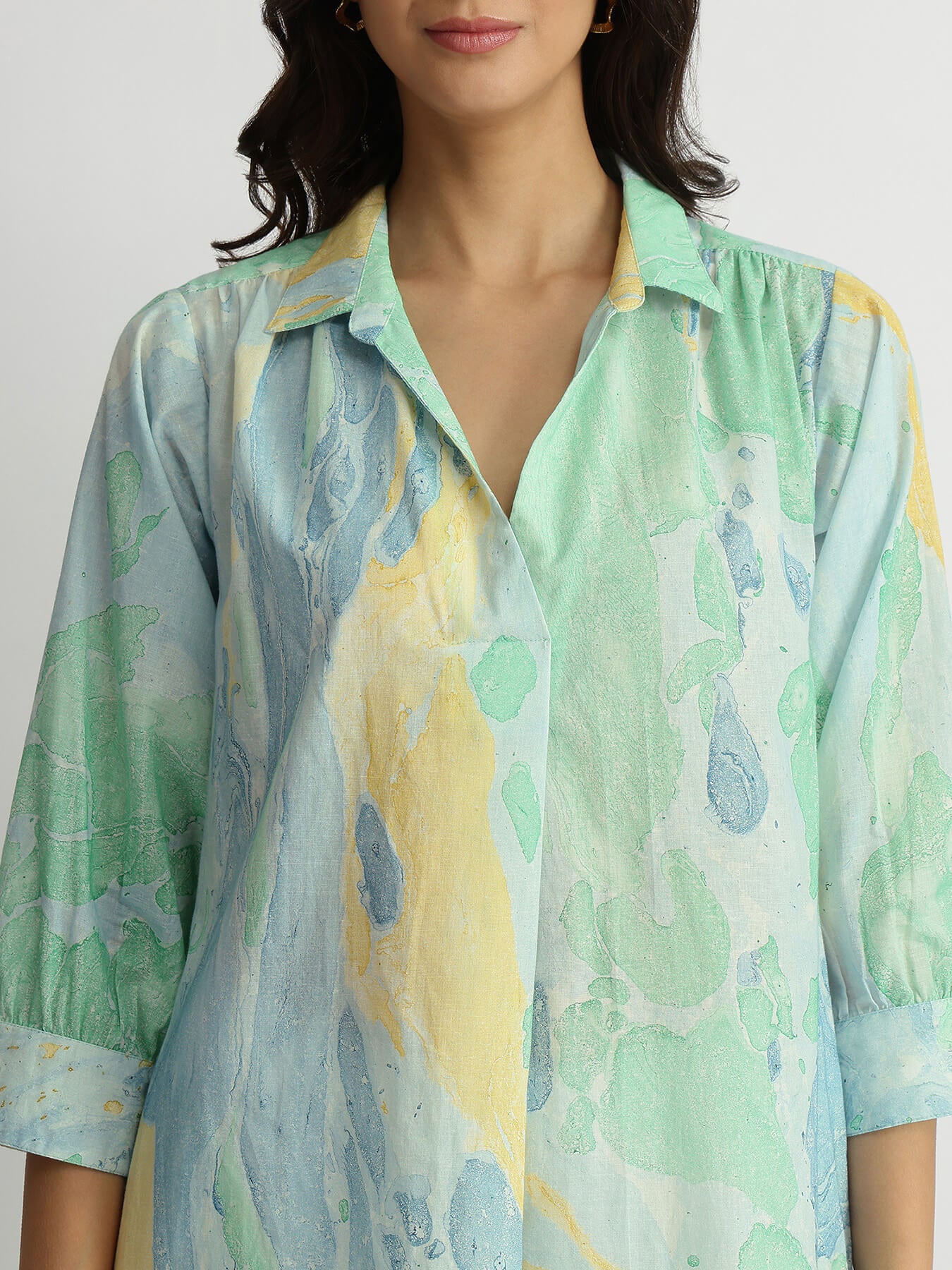 Cotton Marble Print Shirt Collar Kurta - Multicolour