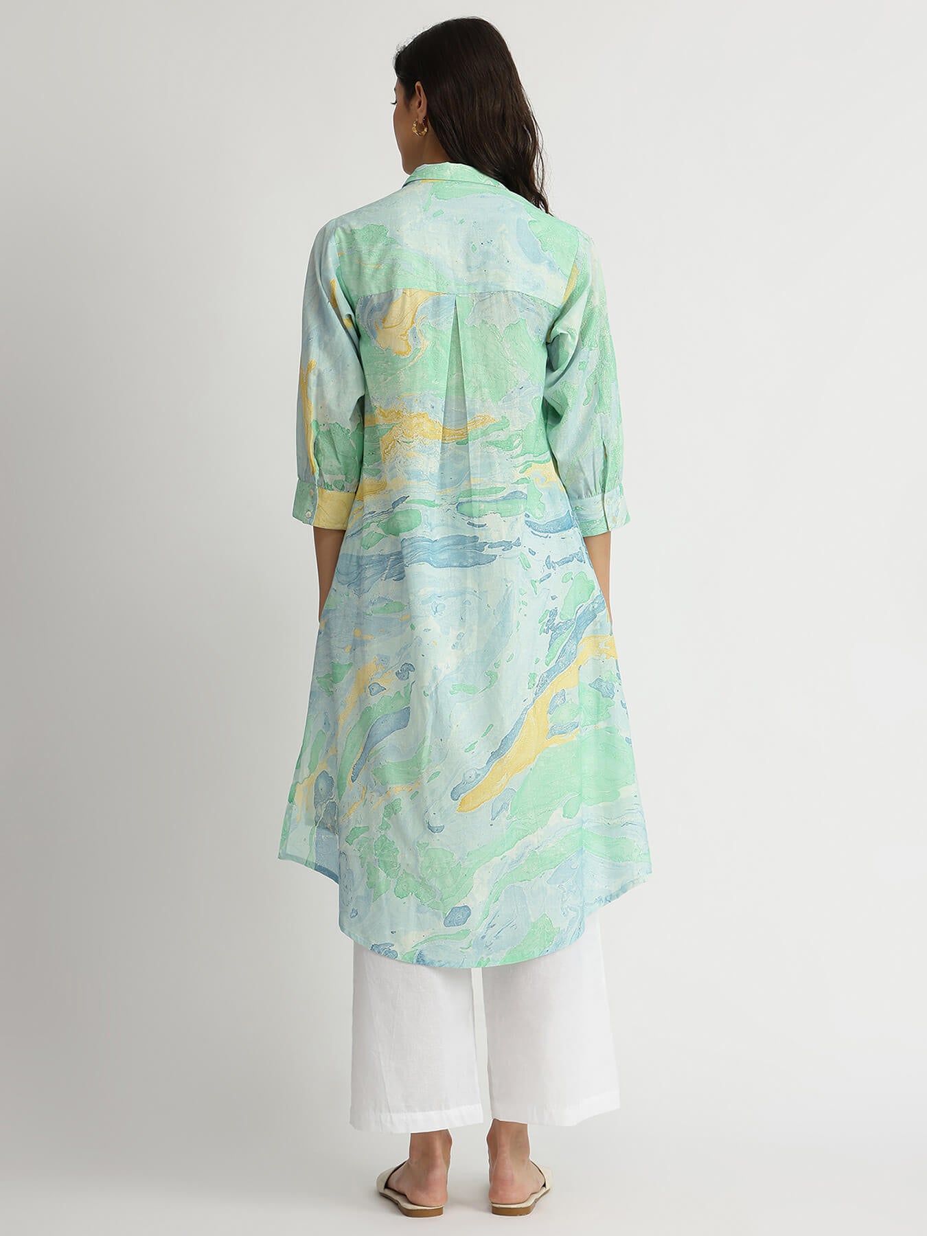 Cotton Marble Print Shirt Collar Kurta - Multicolour