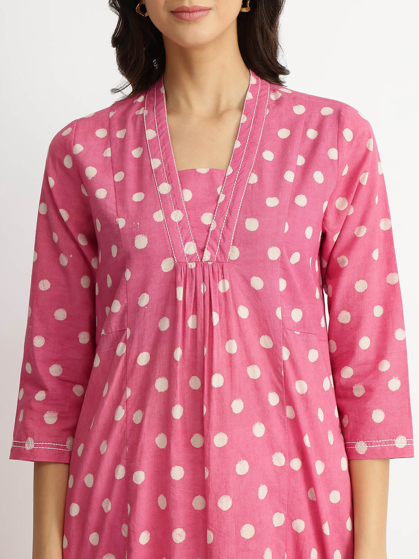 Cotton Dabu Polka Flared Kurta - Pink