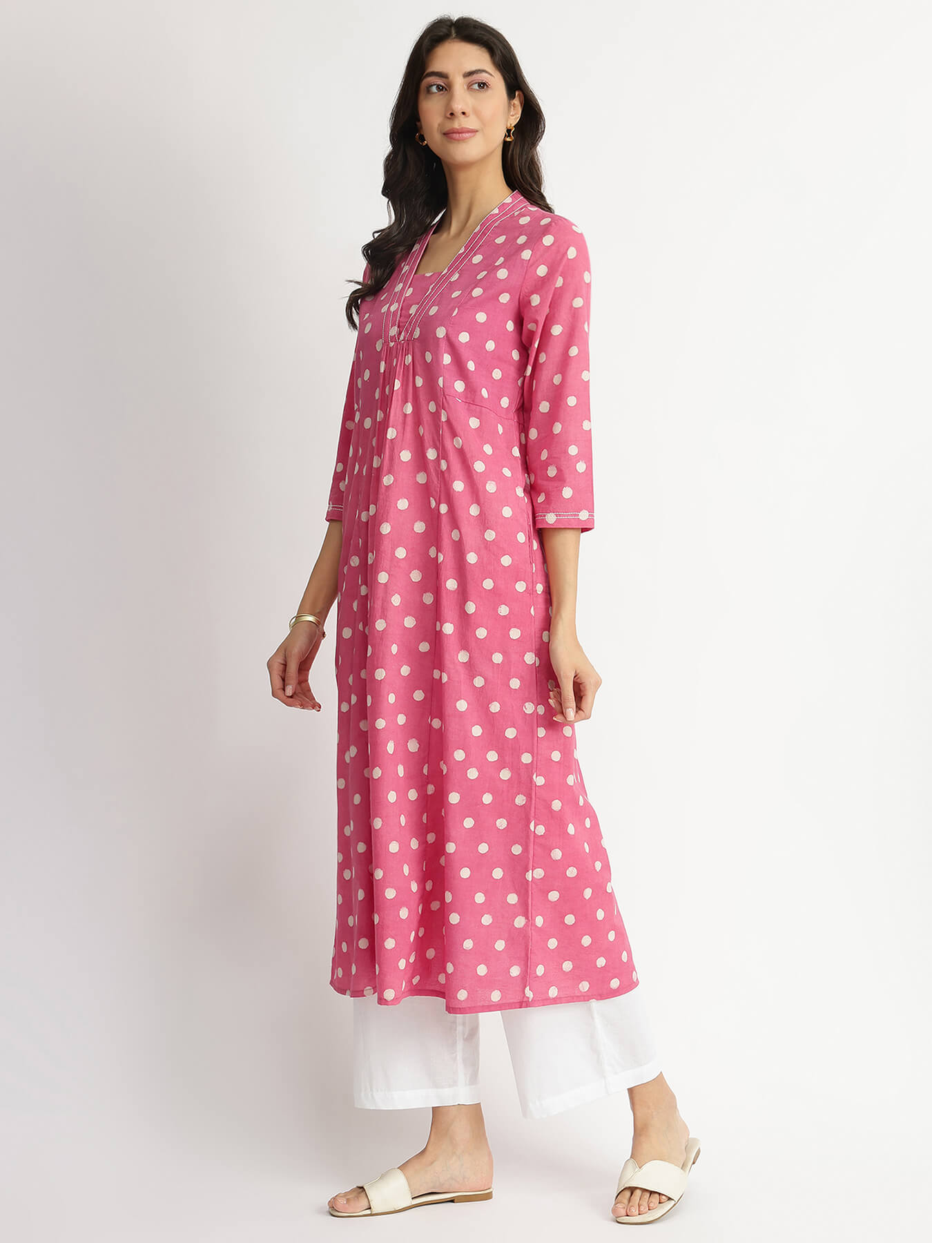 Cotton Dabu Polka Flared Kurta - Pink