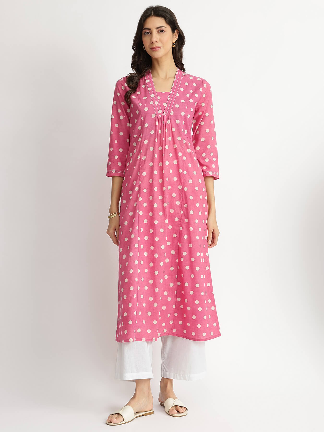 Cotton Dabu Polka Flared Kurta - Pink