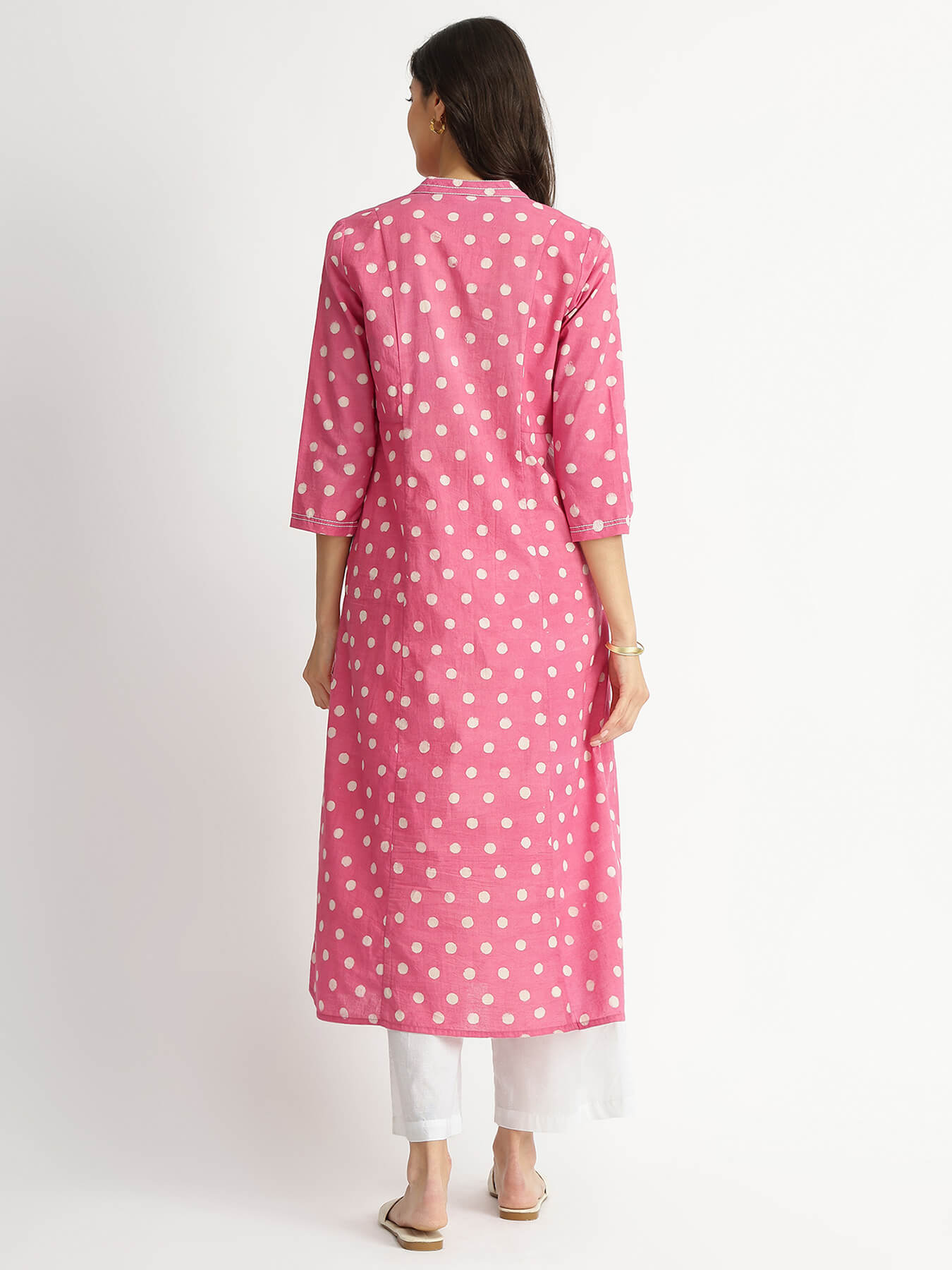 Cotton Dabu Polka Flared Kurta - Pink