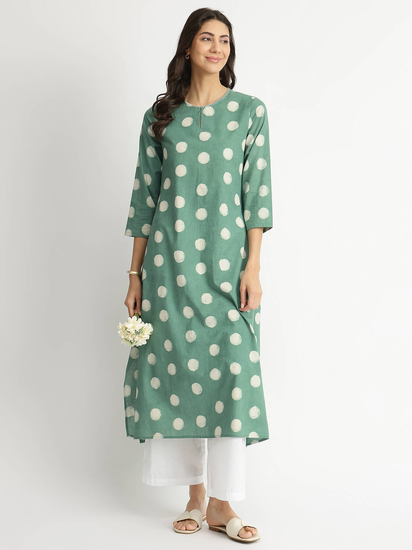 Cotton Dabu Polka Print Kurta - Green