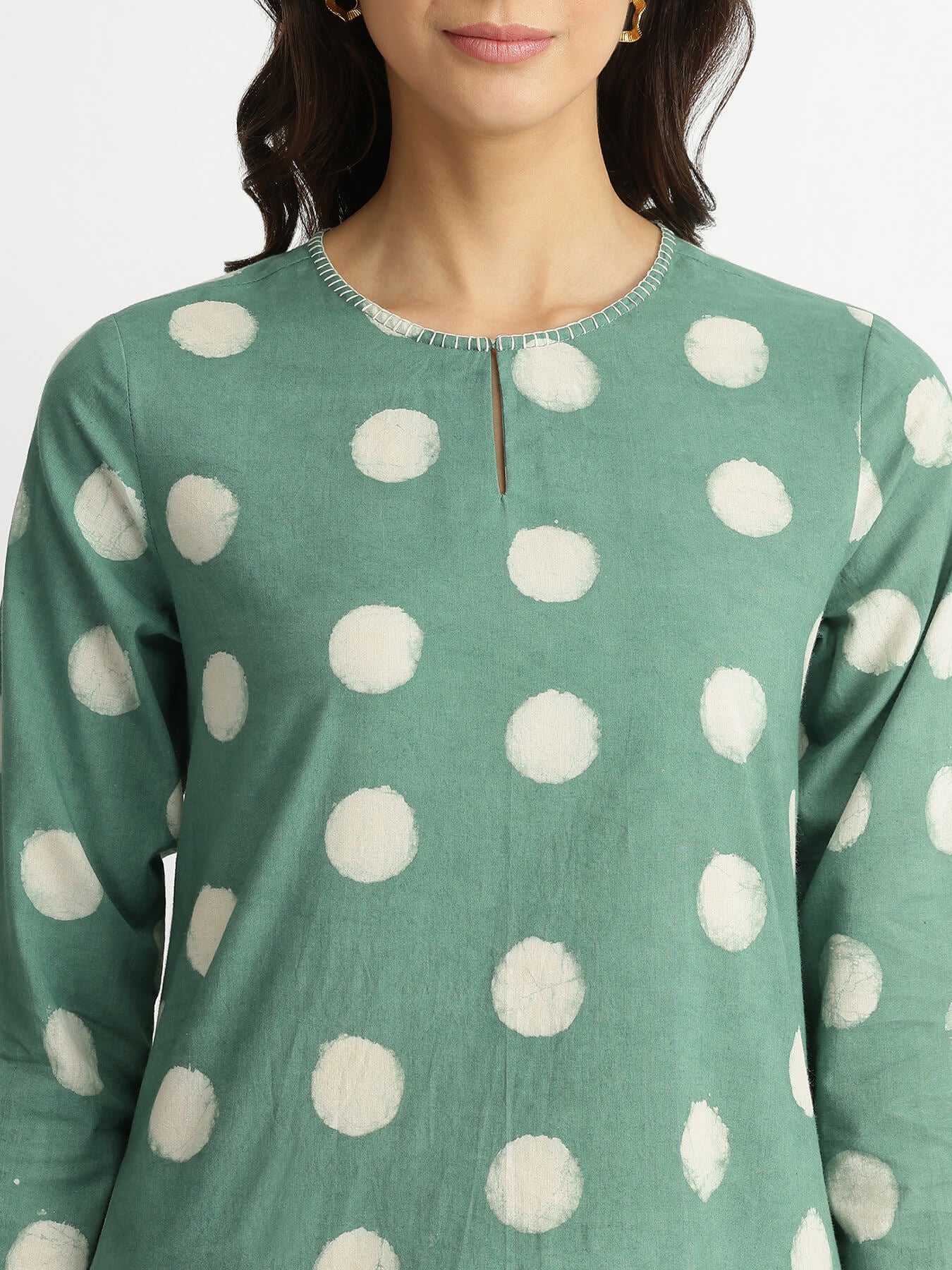Cotton Dabu Polka Print Kurta - Green