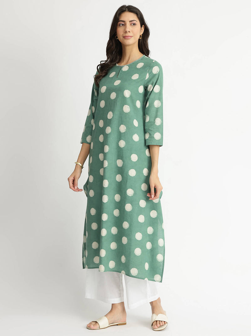 Cotton Dabu Polka Print Kurta - Green