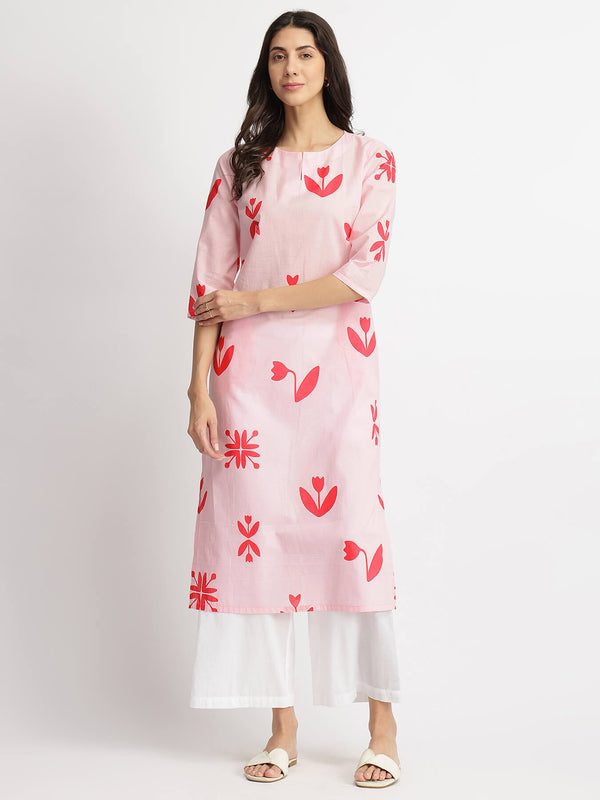 Cotton Floral Motif Kurta - Pink