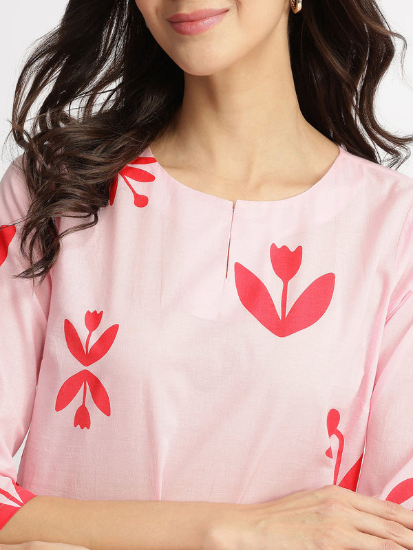Cotton Floral Motif Kurta - Pink