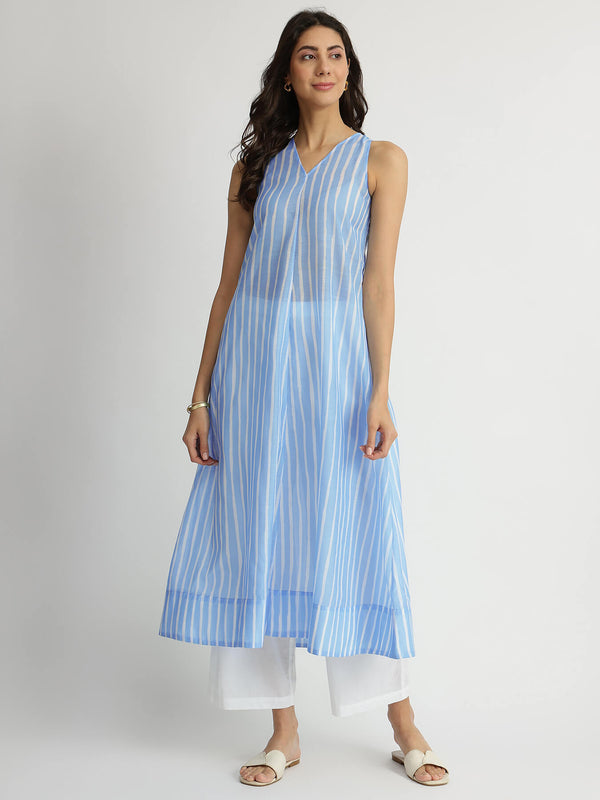 Chanderi Striped A-Line Kurta - Blue
