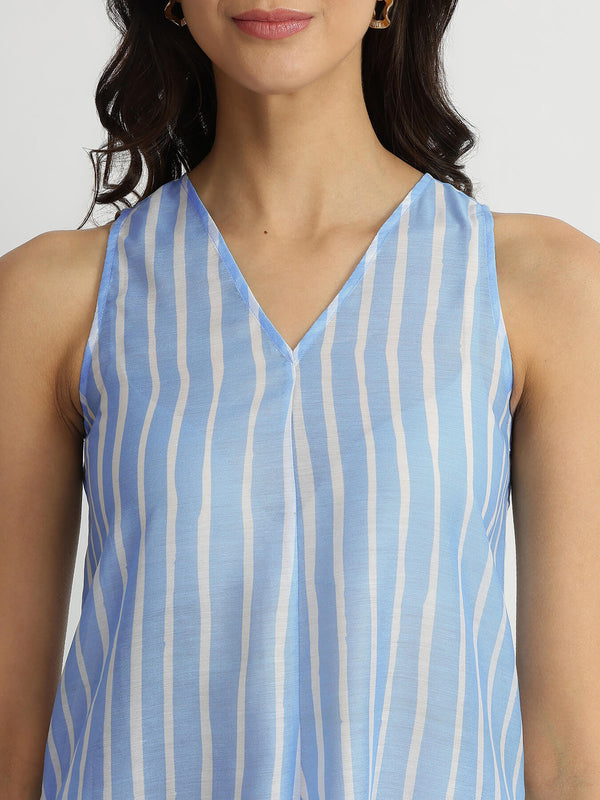 Chanderi Striped A-Line Kurta - Blue