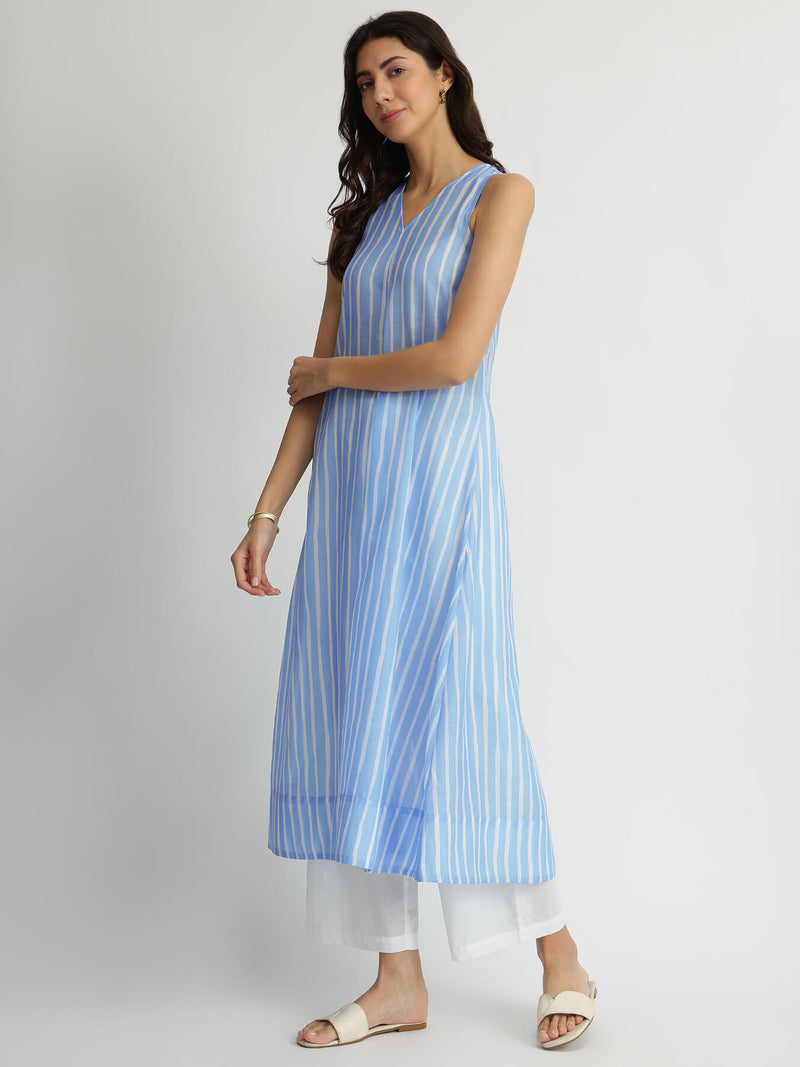 Chanderi Striped A-Line Kurta - Blue
