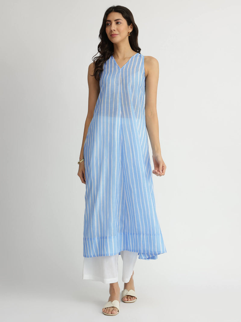 Chanderi Striped A-Line Kurta - Blue