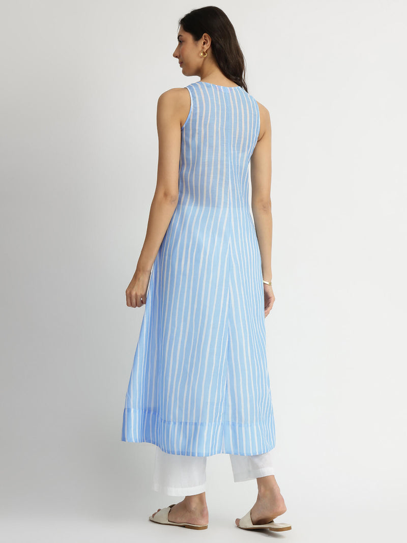 Chanderi Striped A-Line Kurta - Blue