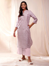 Cotton Striped Stright Kurta - Grey & Pink