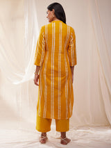 Cotton Dabu Handblock Striped Printed Kurta - Yellow