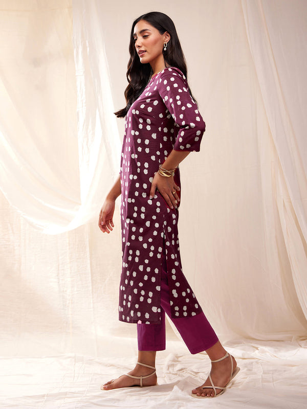 Cotton Dabu Handblock Polka Kurta - Wine