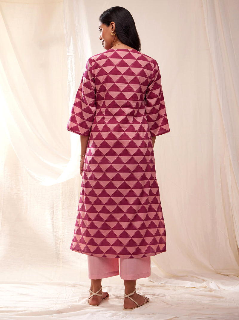 Cotton Geometric Print Straight Kurta - Pink