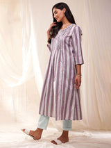 Cotton Striped A-line Kurta - Grey & Purple