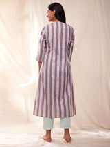 Cotton Striped A-line Kurta - Grey & Purple