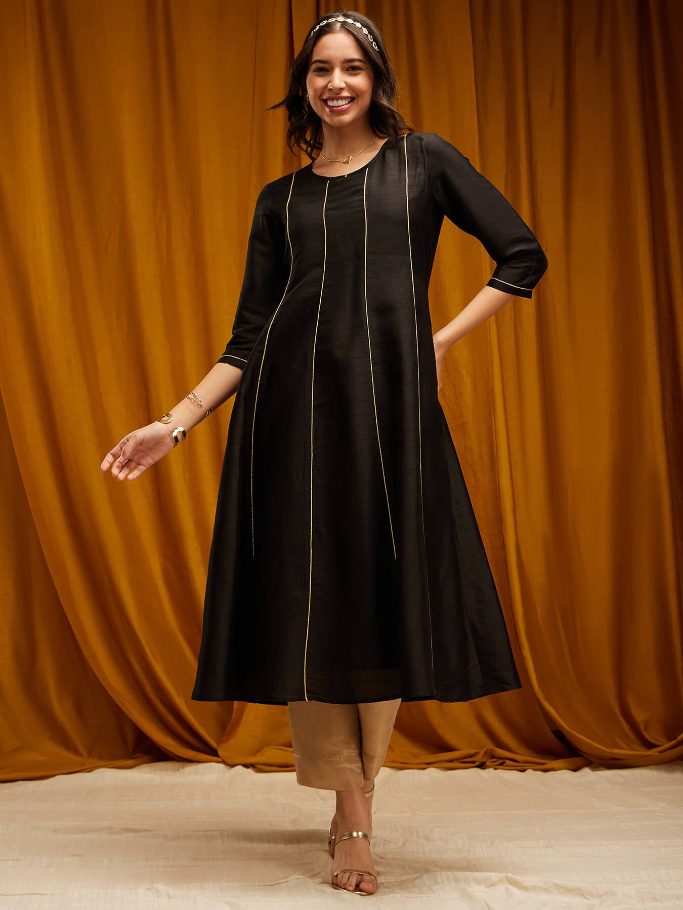 Raw Silk A-line Kurta - Black