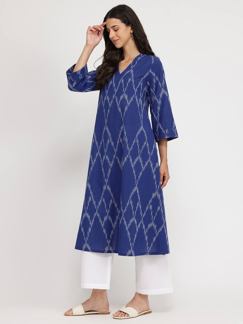 Cotton Ikat A-line Kurta - Blue