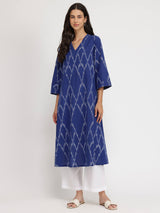 Cotton Ikat A-line Kurta - Blue