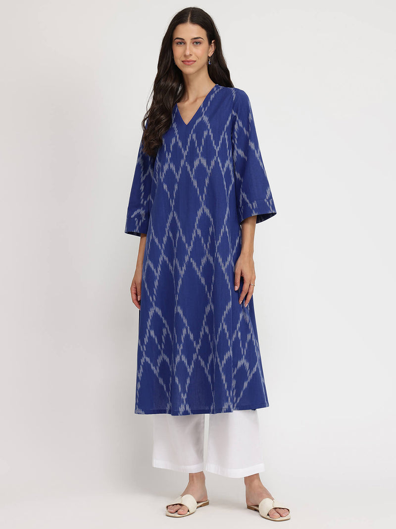 Cotton Ikat A-line Kurta - Blue