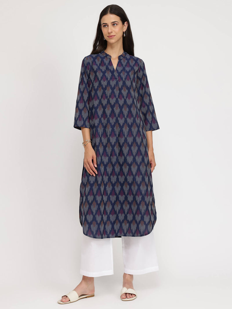 Cotton Ikat Straight Kurta - Navy Blue