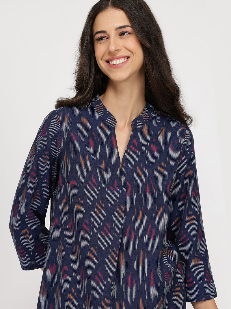 Cotton Ikat Straight Kurta - Navy Blue