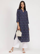 Cotton Ikat Straight Kurta - Navy Blue