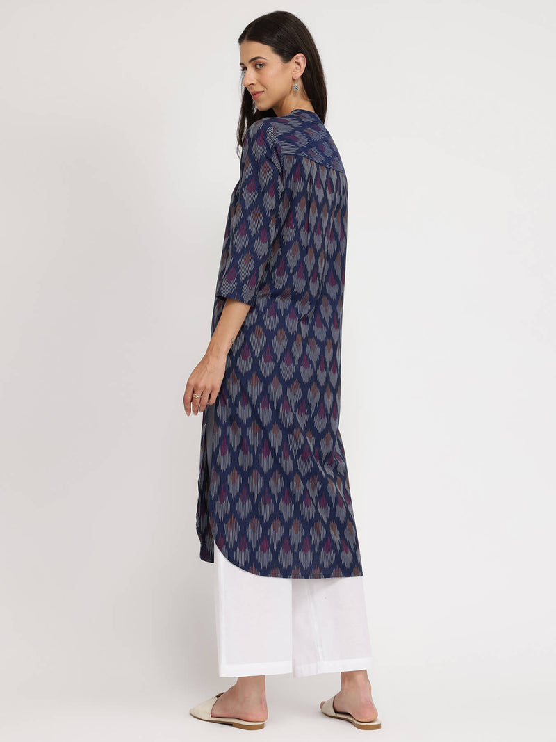 Cotton Ikat Straight Kurta - Navy Blue