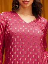 Silk Brocade V-neck Kurta - Pink