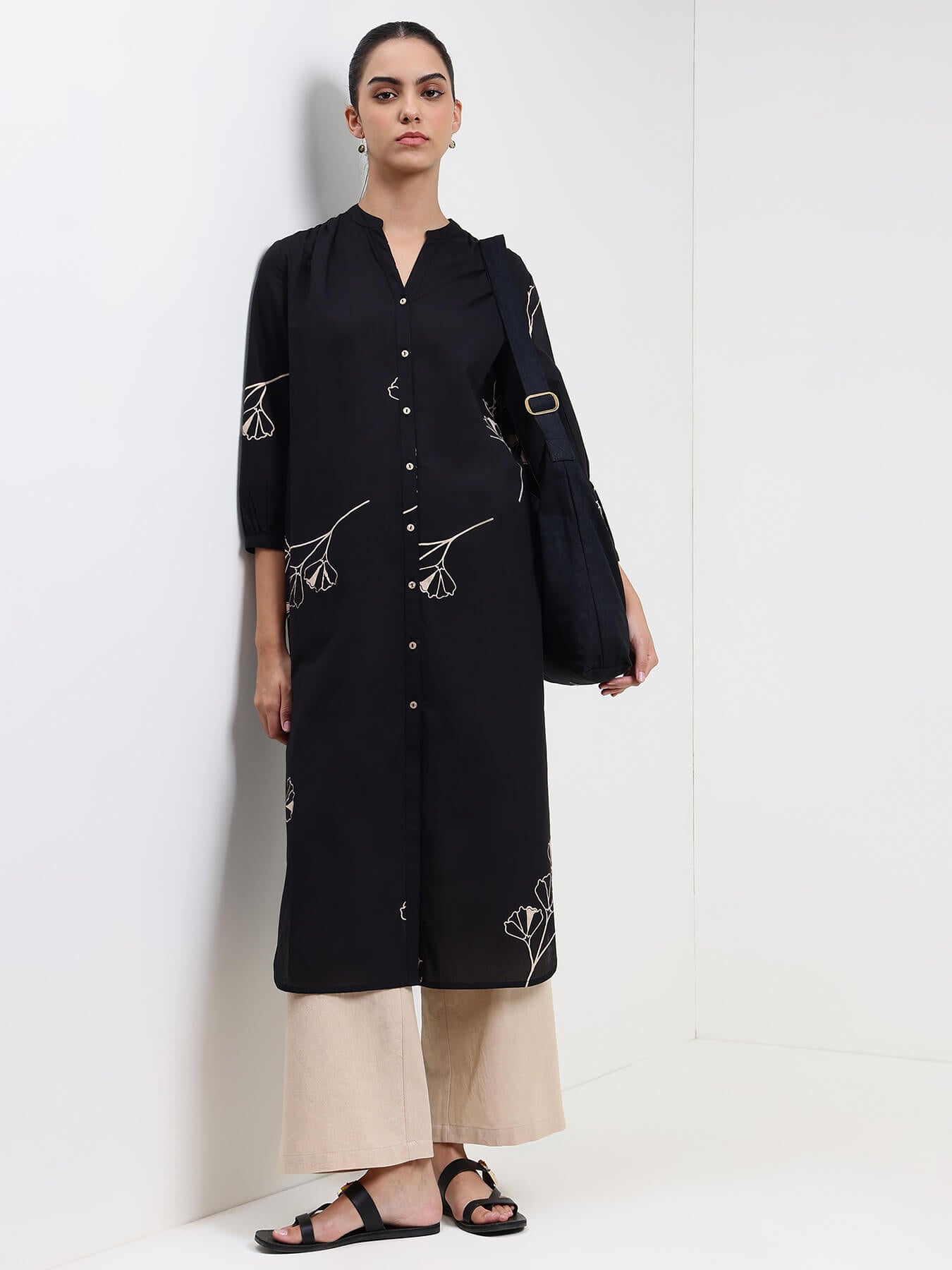Cotton Floral Straight Kurta - Black