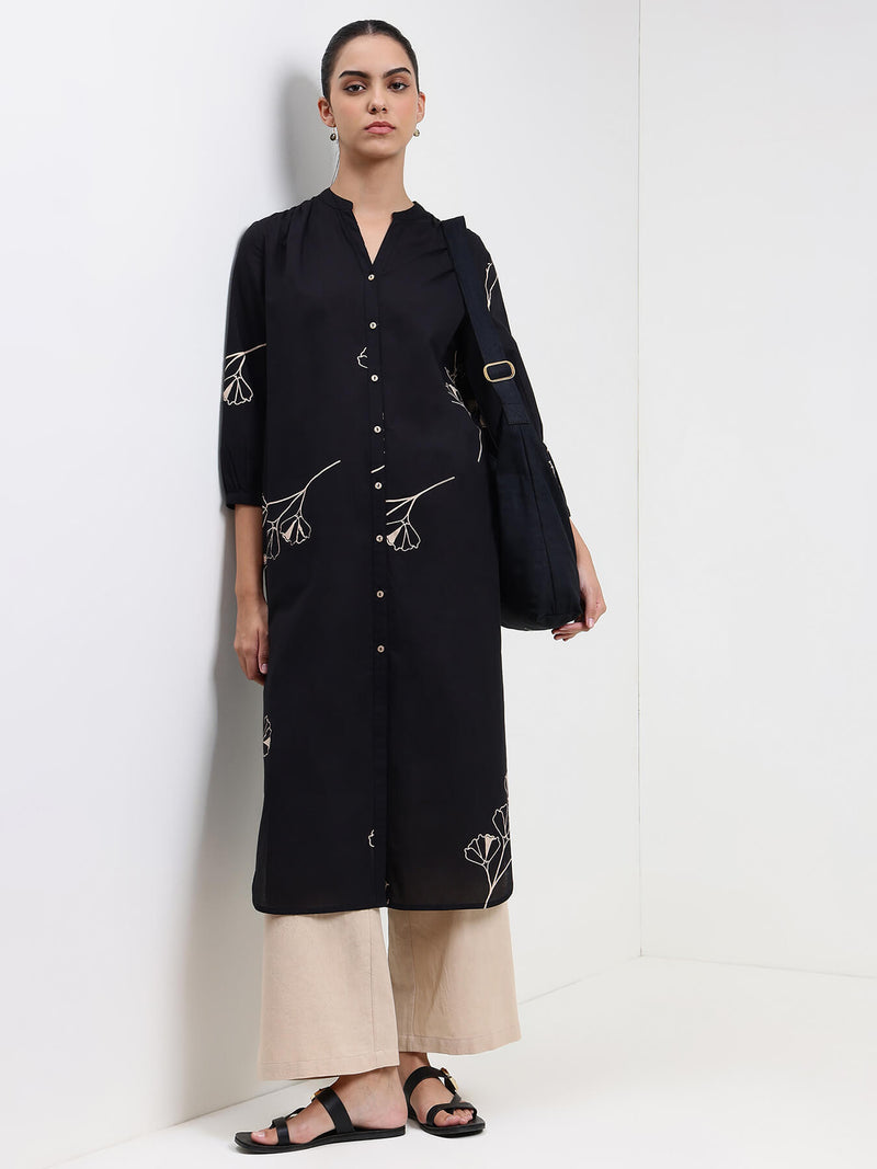 Cotton Floral Straight Kurta - Black