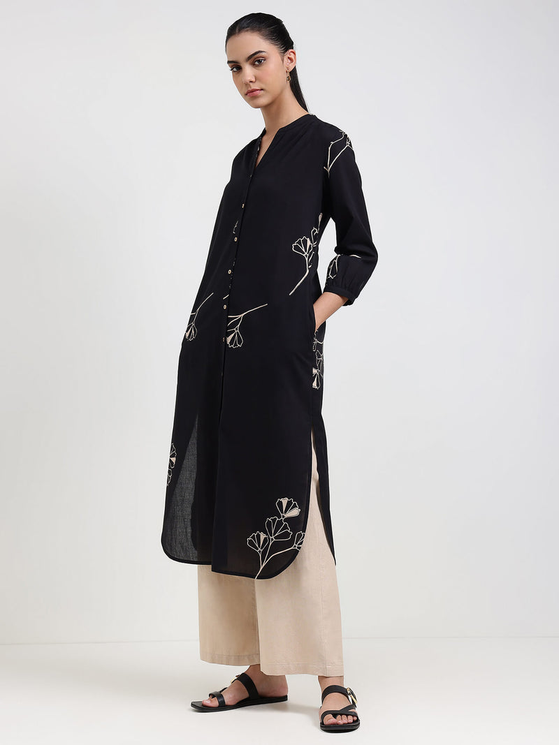 Cotton Floral Straight Kurta - Black